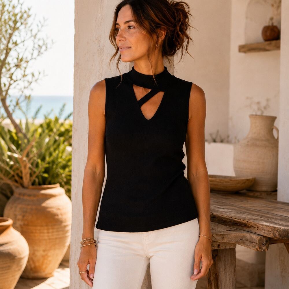 LNA Black Cutout Mock Neck Sleeveless Stretch Knit Top Size M